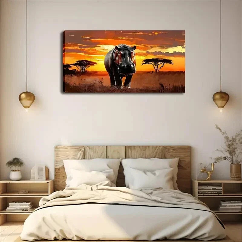 Hippo Walking On Grass Sunset Wall Art Canvas Office Home Room Framed 120x60cm