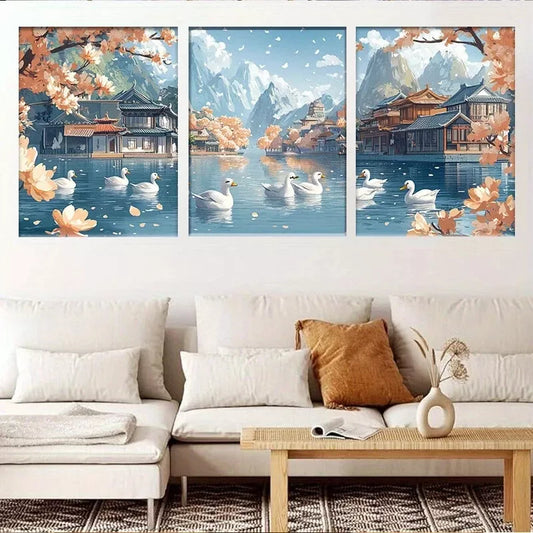 3pcsColorful Tranquil River with Swans Canvas Wall Art Set Canvas Framed 40x60cm - High Quality Print 100% Australian Made Wall Canvas Ready to Hang