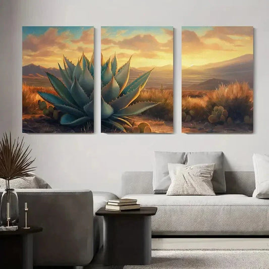 3pcs Agave Sunset Landscape, Southwest Nature Metal Print Ready to Hang Art