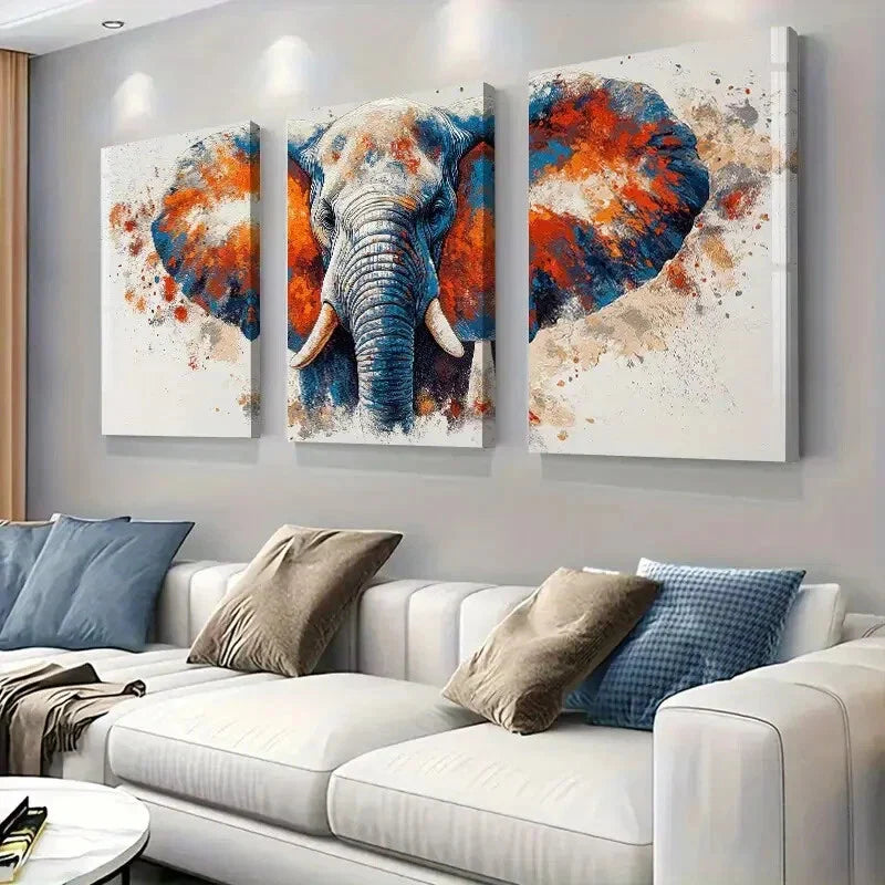 3pcs Vibrant Orange & Blue Elephant  Wall Art Set Canvas Framed 40x60cm - High Quality Print 100% Australian Made Wall Canvas Ready to Hang