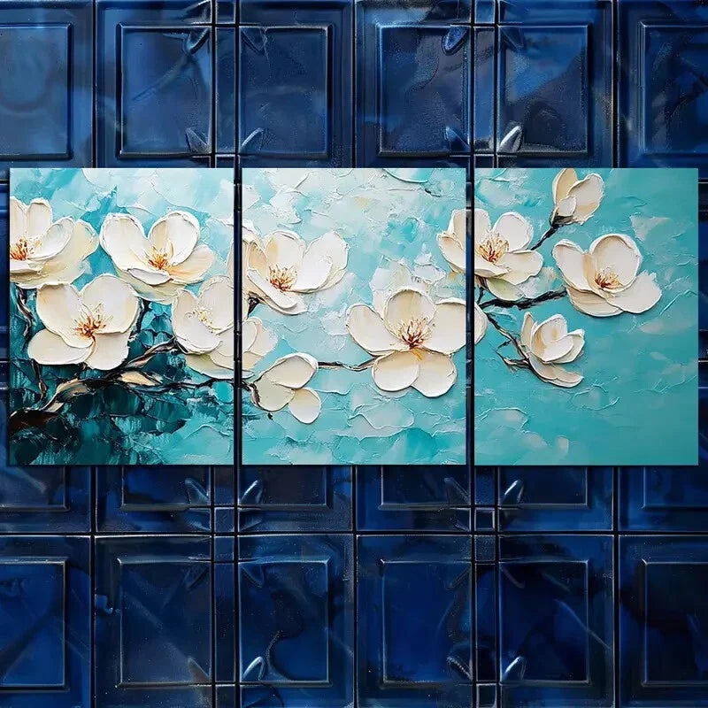 3pcs Flowers Blue White Beautiful Nature Perfect Wall Art Set Canvas Framed 40x60cm - High Quality Print 100% Australian Made Wall Canvas Ready to Hang