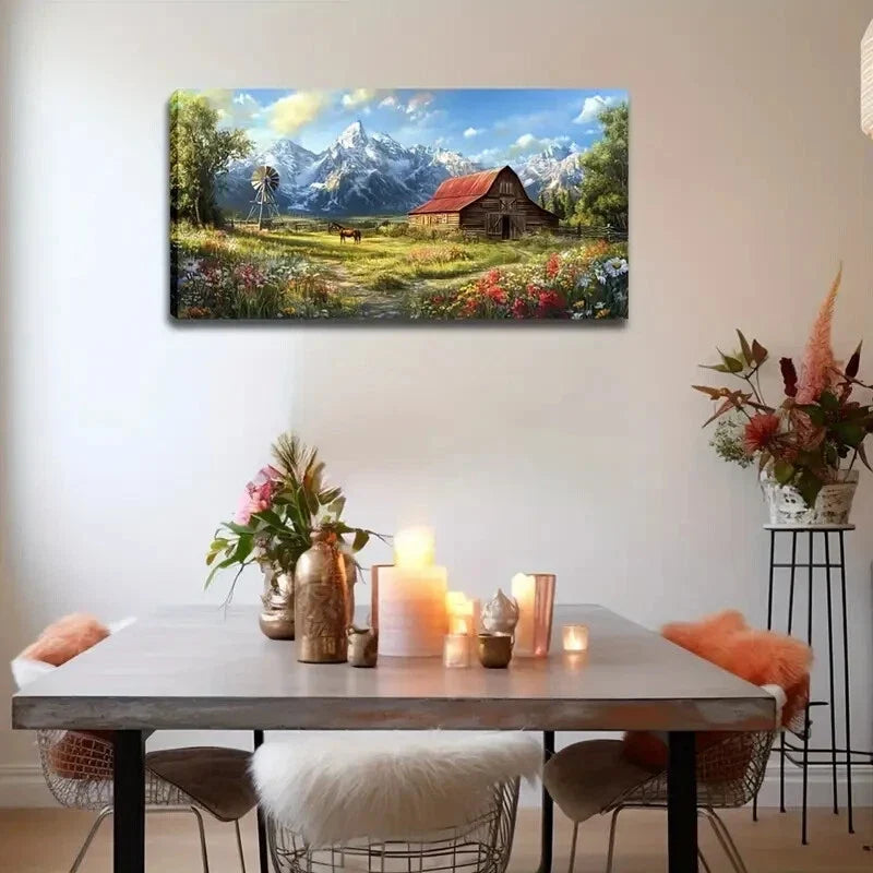 Rustic Red-Rooftop Barn Horse Wall Art Canvas Office Home Room Framed 120x60cm
