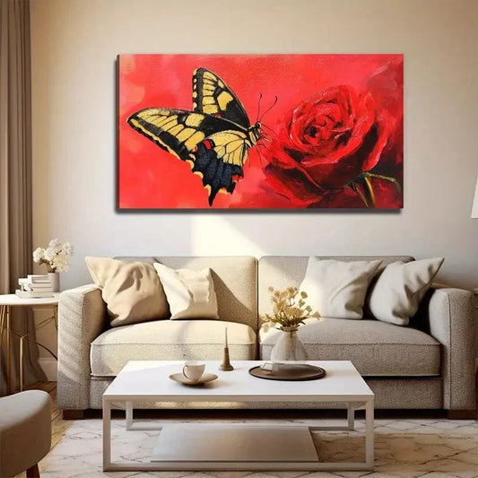 Fluttering Butterfly Rose Red Wall Art Canvas Office Home Room Framed 120x60cm