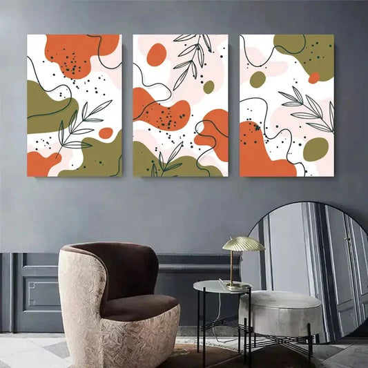 3pcs Vibrant Leaf & Dot Patterns in Green, Orange Metal Print Ready to Hang Art
