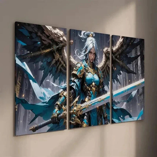 3pcs Sword Wielding Female Knight with Armor Wall Art Set Canvas Framed 40x60cm - High Quality Print 100% Australian Made Wall Canvas Ready to Hang