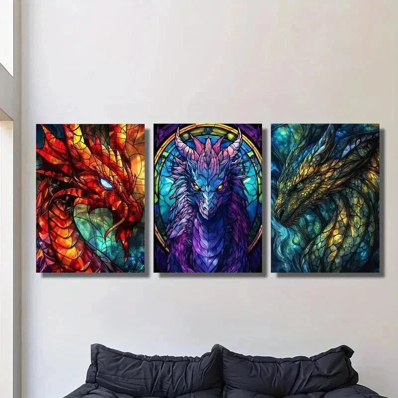 3pcs Stained Glass Fantasy Dragon Design Wall Art Set Canvas Framed 40x60cm - High Quality Print 100% Australian Made Wall Canvas Ready to Hang