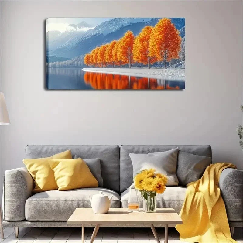 Serene Orange Trees Lake Décor Wall Art Canvas Office Home Room Framed 120x60cm