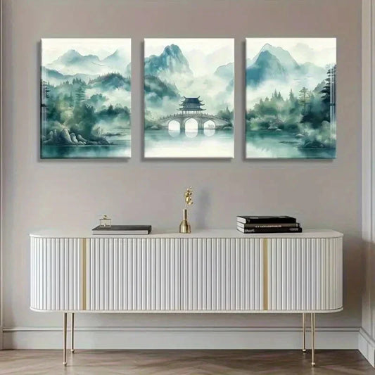 3pcs Serene Misty Mountain Bridge Lush Scene Wall Art Set Canvas Framed 40x60cm - High Quality Print 100% Australian Made Wall Canvas Ready to Hang