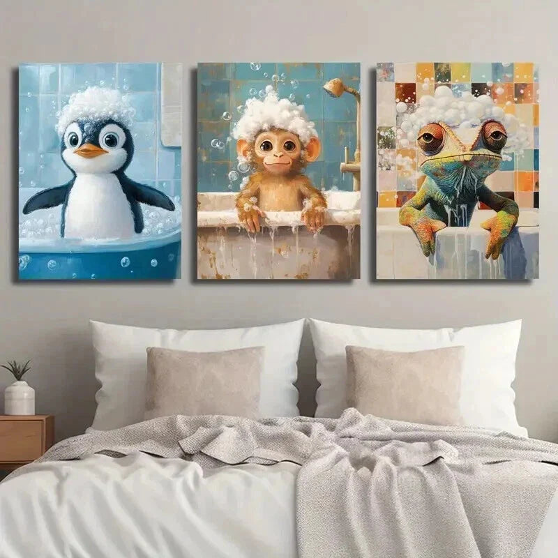 3pcs Cute Penguin Monkey Chameleon in Bathtub Wall Art Set Canvas Framed 40x60cm - High Quality Print 100% Australian Made Wall Canvas Ready to Hang