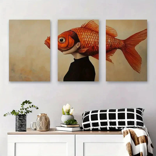 3pcs Surreal Fish Woman Abstract Conceptual Metal Print Ready to Hang Art