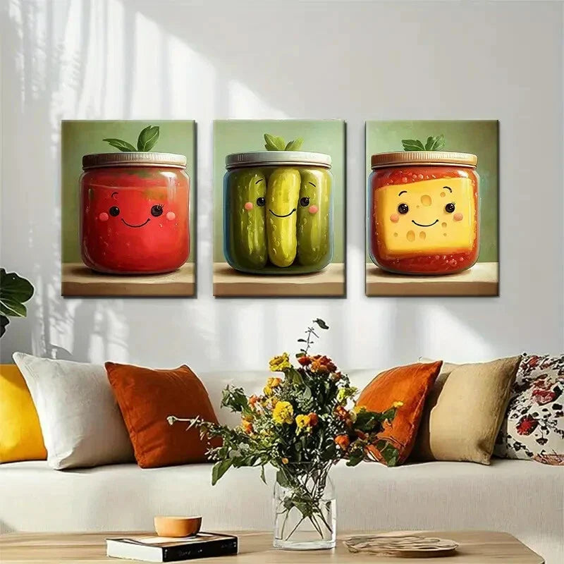 3pcs Cute Food Jar Playful Bright Perfect Wall Art Set Canvas Framed 40x60cm - High Quality Print 100% Australian Made Wall Canvas Ready to Hang