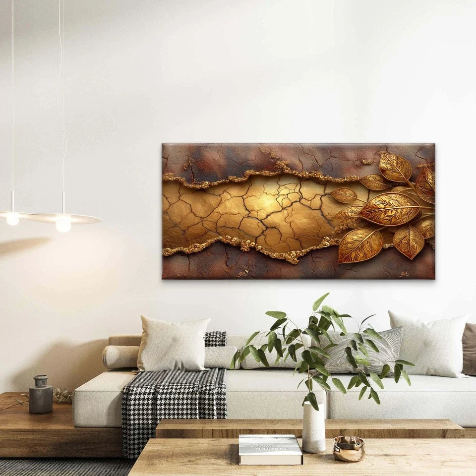 Abstract Cracked Gold Surface Wall Art Canvas Office Home Room Framed 120x60cm