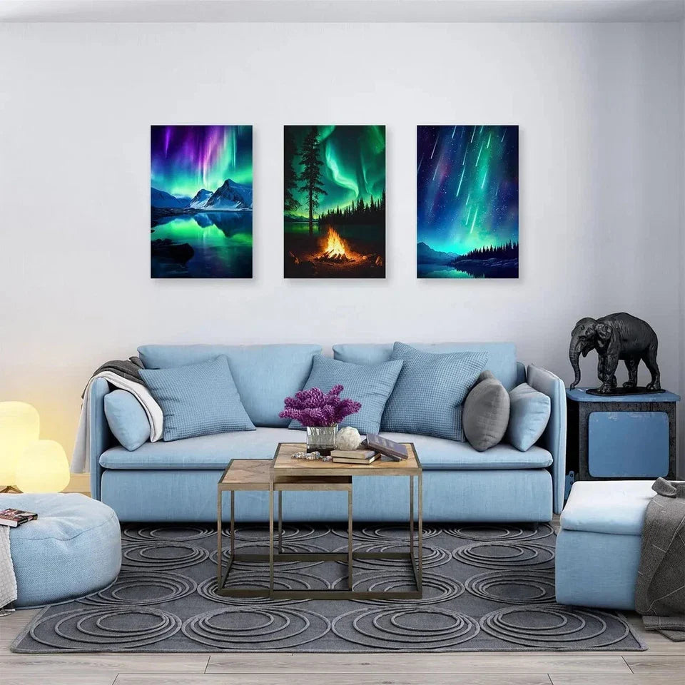 3pcs Northern Lights Snow Mountain Lake Forest Metal Print Ready to Hang Art