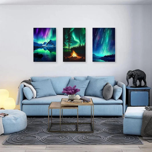 3pcs Northern Lights Snow Mountain Lake Forest Metal Print Ready to Hang Art