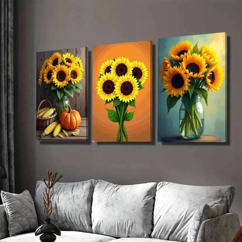3pcs Sunflower Pumpkins, Modern & Classic Wall Art Set Canvas Framed 40x60cm - High Quality Print 100% Australian Made Wall Canvas Ready to Hang