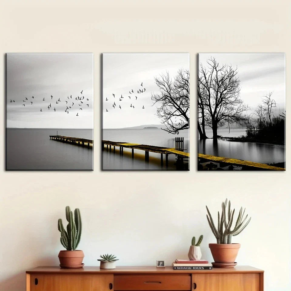 3pcs Golden Lake Bridge Flying Birds Scenery Metal Print Ready to Hang Art
