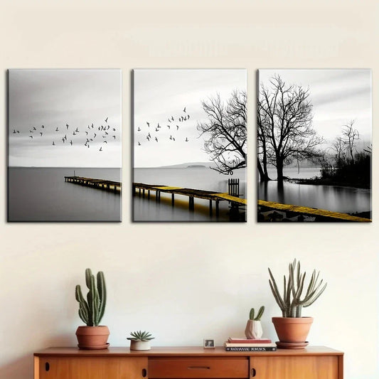 3pcs Golden Lake Bridge Flying Birds Scenery Metal Print Ready to Hang Art