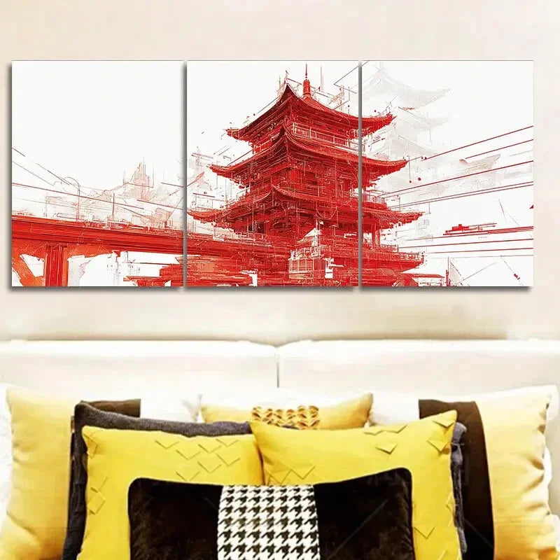 3pcs Chinese-style tower Art Painting Metal Print Ready to Hang Art