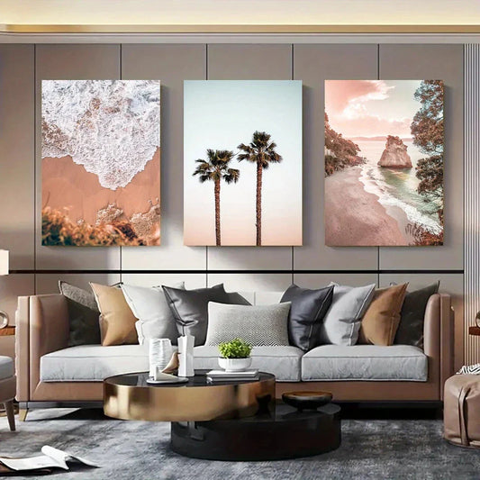 3pcs Ocean Beach & Palm Tree Nature Metal Print Ready to Hang Art