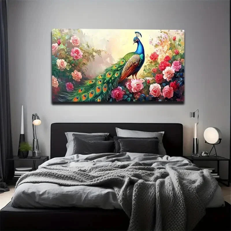 Peacock in Blooming Roses Wall Art Canvas Office Home Room Framed 120x60cm