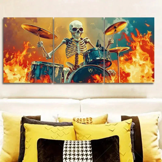 3pcs Featuring Skeletons Playing Drums, Metal Print Ready to Hang Art