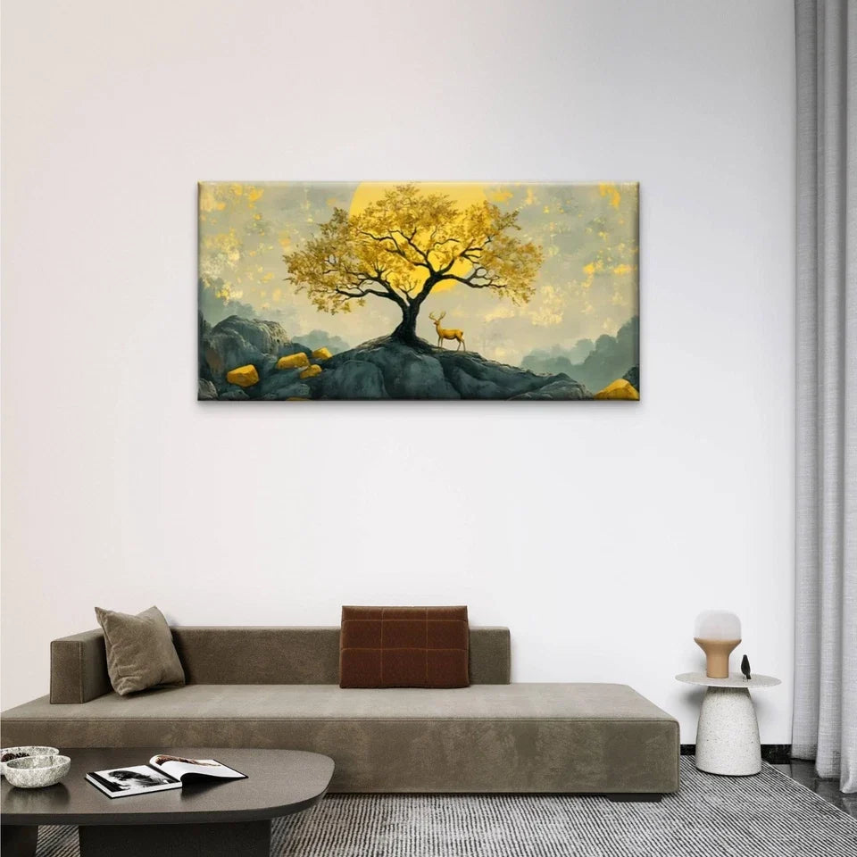 Yellow Trees Deer Mountain Wall Art Canvas Office Home Room Framed 120x60cm