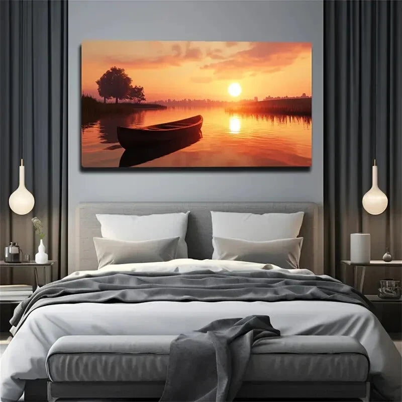 Serene Sunset Boat Scene Grass Wall Art Canvas Office Home Room Framed 120x60cm