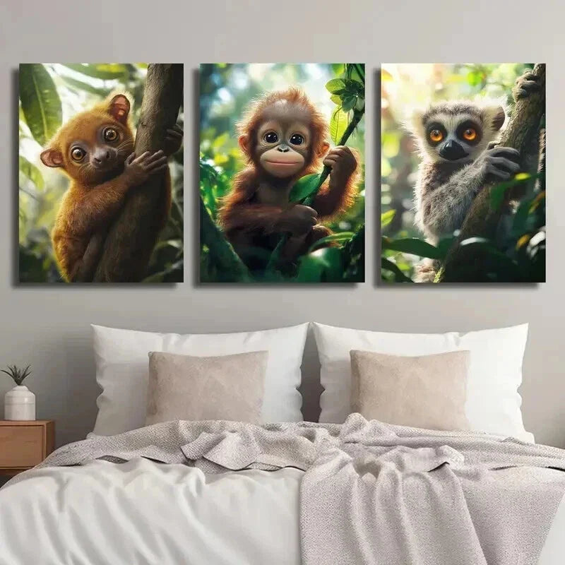 3pcs Golden Bear & Lemur in the Jungle Wall Art Set Canvas Framed 40x60cm - High Quality Print 100% Australian Made Wall Canvas Ready to Hang