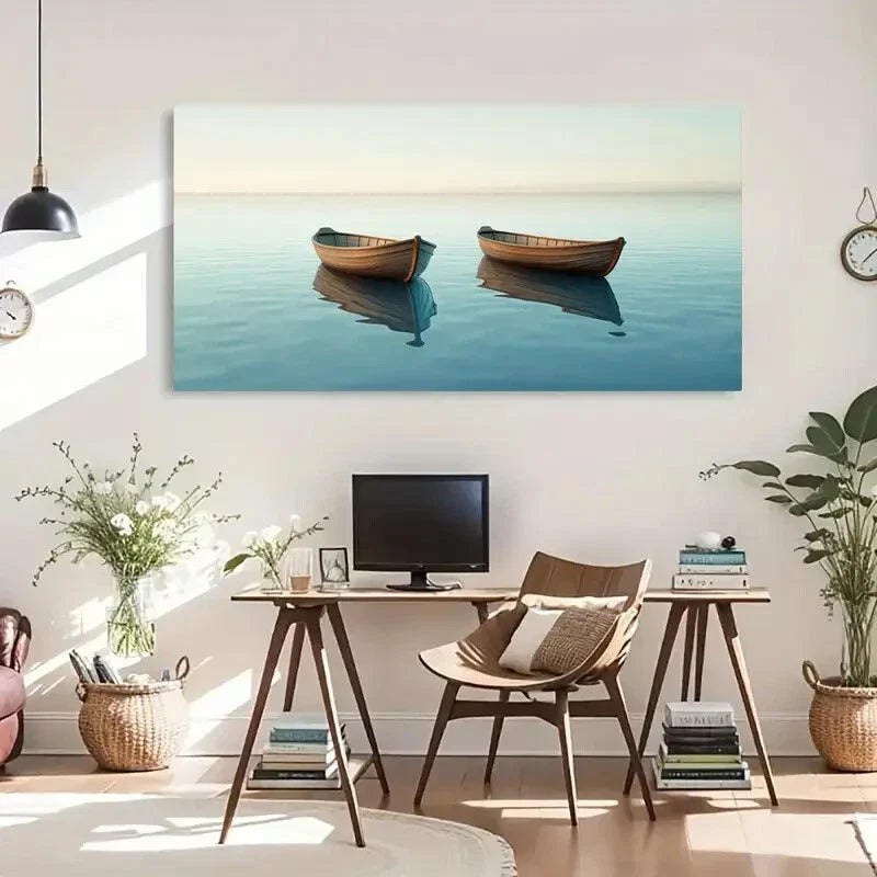 Serene Boat Reflection Calm Wall Art Canvas Office Home Room Framed 120x60cm