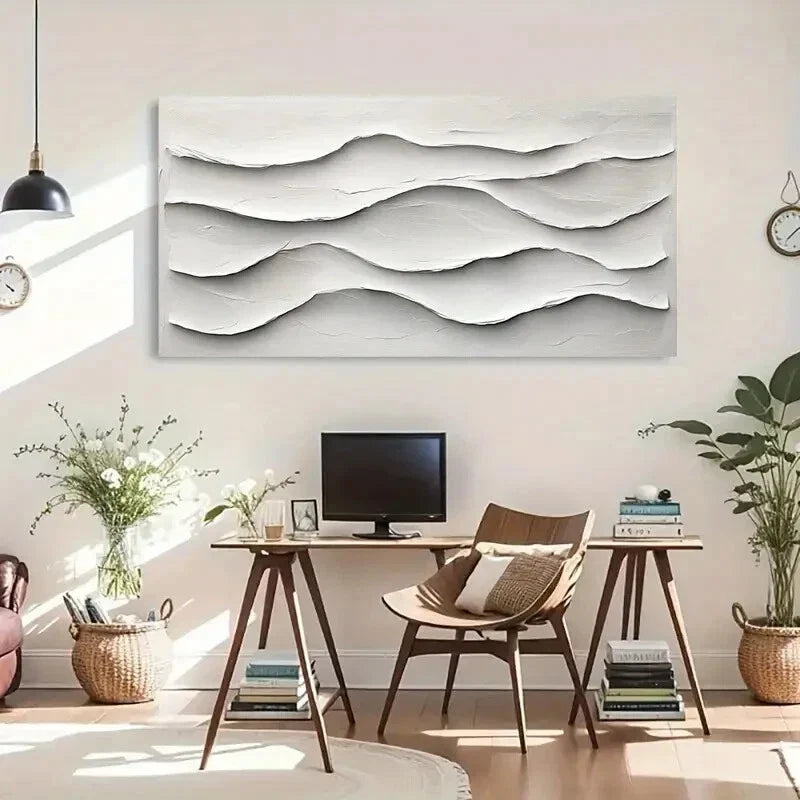 Neutral Tones White Wave Wall Art Canvas Office Home Room Framed 80x45cm