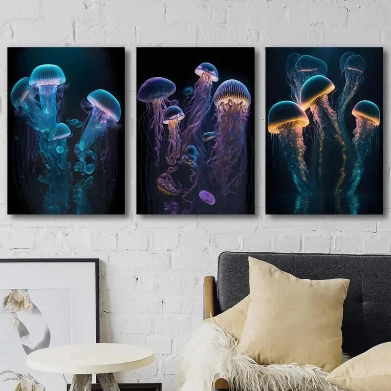 3pcs Glowing Jellyfish Marine Life Wall Art Set Canvas Framed 40x60cm - High Quality Print 100% Australian Made Wall Canvas Ready to Hang