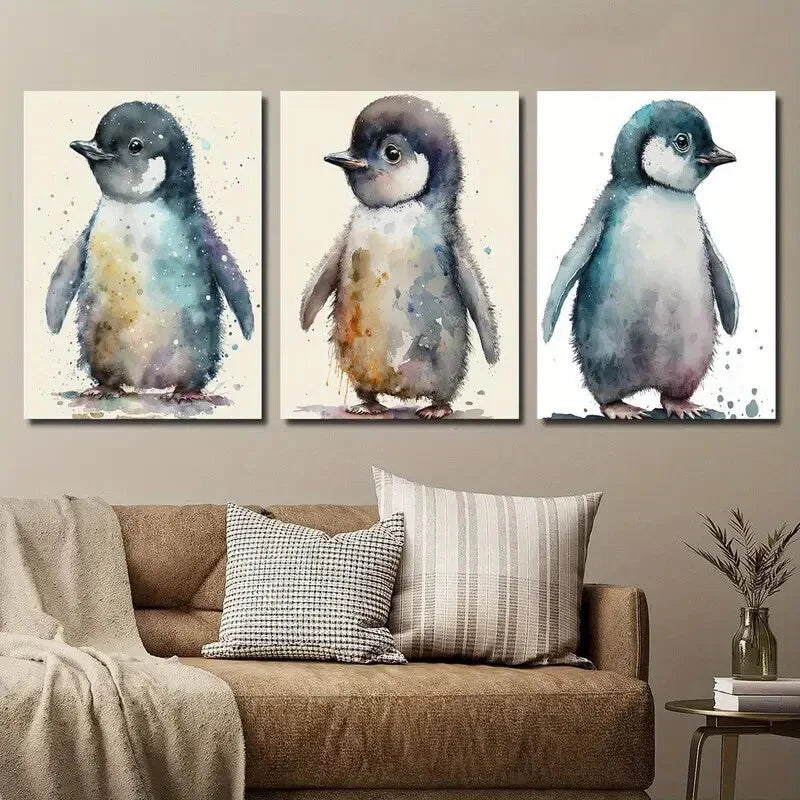 3pcs Colorful Cartoon Animal Penguin Decor Wall Art Set Canvas Framed 40x60cm - High Quality Print 100% Australian Made Wall Canvas Ready to Hang