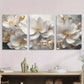 3pcs Elegant White Flowers Golden Accents Metal Print Ready to Hang Art