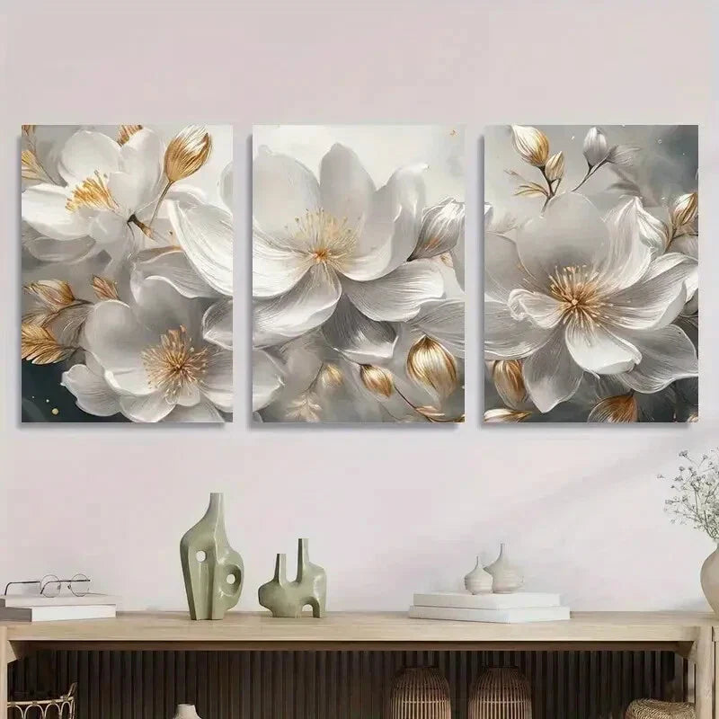 3pcs Elegant White Flowers Golden Accents Metal Print Ready to Hang Art