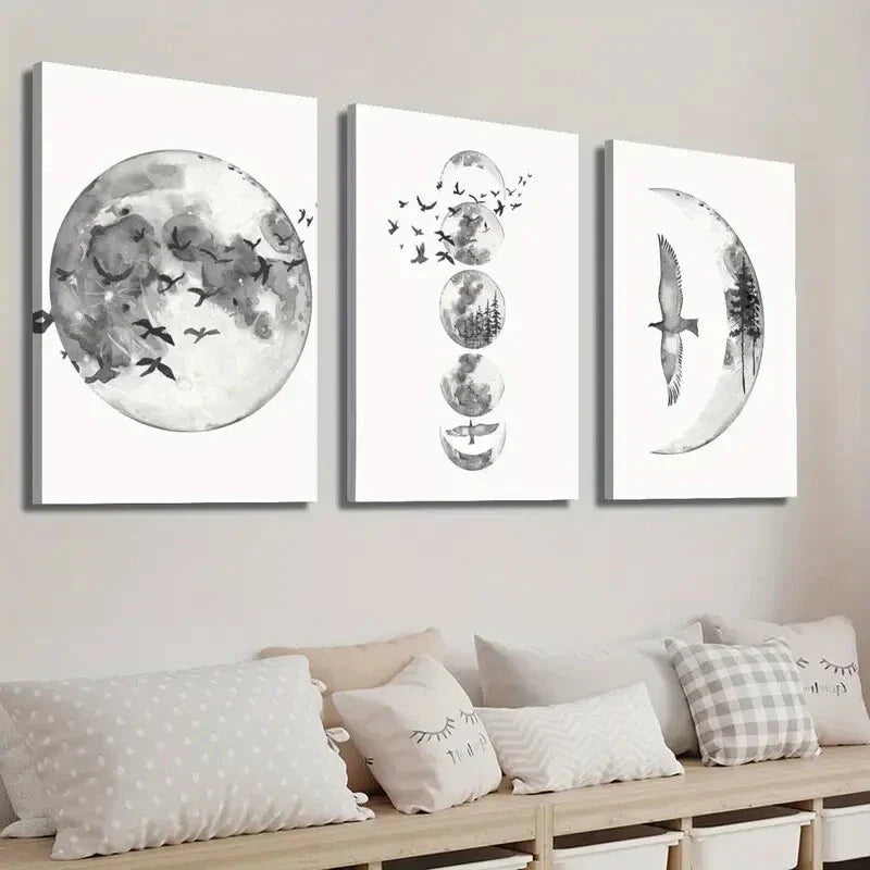 3pcs Black and White Moon Phase Wall Art Set Canvas Framed 40x60cm - High Quality Print 100% Australian Made Wall Canvas Ready to Hang