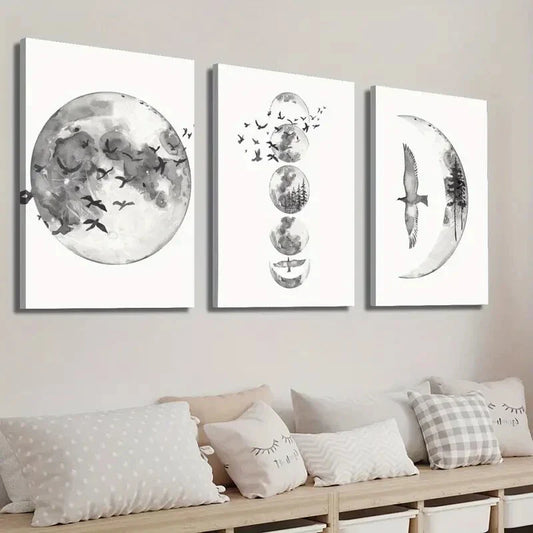 3pcs Black and White Moon Phase Wall Art Set Canvas Framed 40x60cm - High Quality Print 100% Australian Made Wall Canvas Ready to Hang