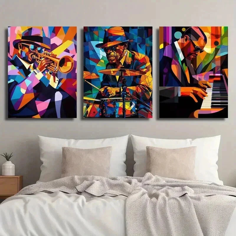 3pcs Saxophone Dynamic Drums Jazz Pianist Wall Art Set Canvas Framed 40x60cm - High Quality Print 100% Australian Made Wall Canvas Ready to Hang