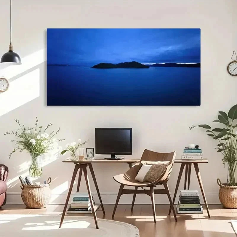 Serene Blue Island Modern Wall Art Canvas Office Home Room Framed 120x60cm