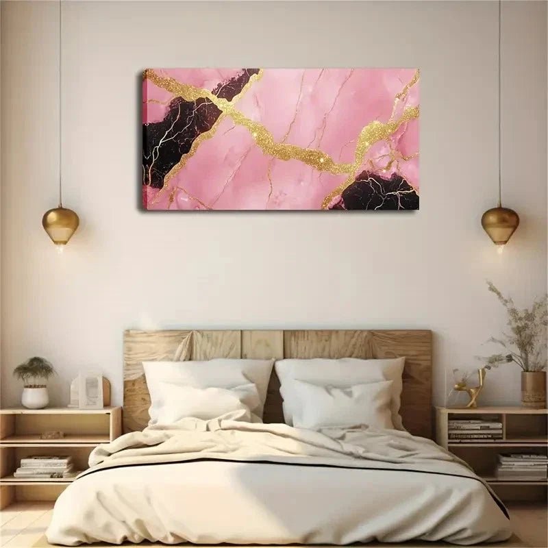 Pink & Black With Golden Accent Wall Art Canvas Office Home Room Framed 80x45cm