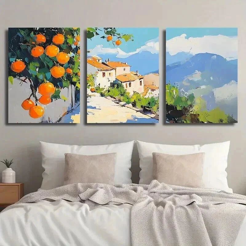 3pcs Mediterranean Rural Mural Orange Cottage Wall Art Set Canvas Framed 40x60cm - High Quality Print 100% Australian Made Wall Canvas Ready to Hang