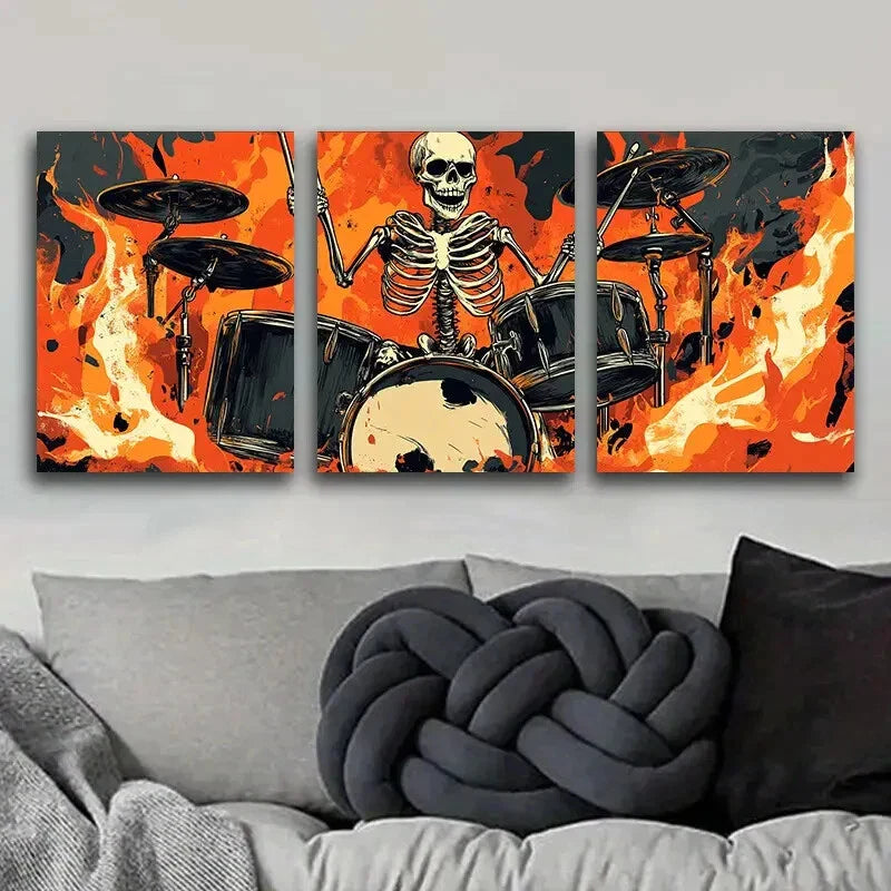 3pcs Skeletons play drums Art Painting Metal Print Ready to Hang Art