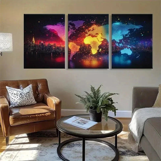 3pcs Geometric World Map with Cityscapes Perfect Wall Art Set Canvas Framed 40x60cm - High Quality Print 100% Australian Made Wall Canvas Ready to Hang