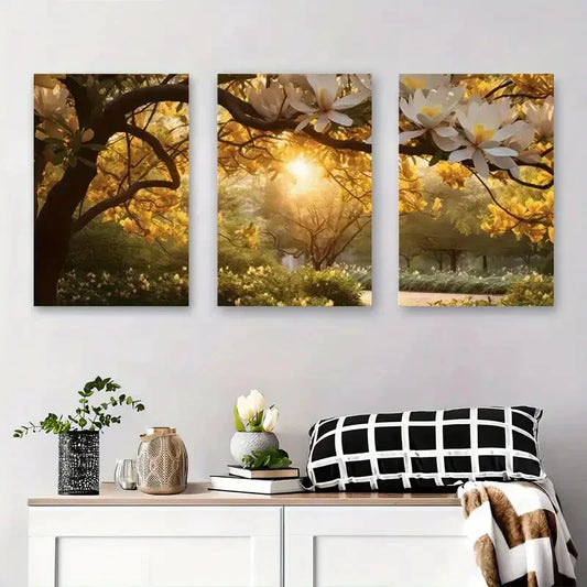 3pcs Magnolia Tree Sunlight Through Blossoms Metal Print Ready to Hang Art
