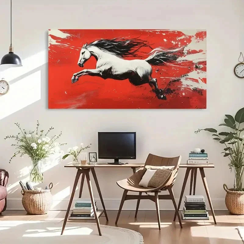 Horse Galloping Dynamic White Wall Art Canvas Office Home Room Framed 120x60cm