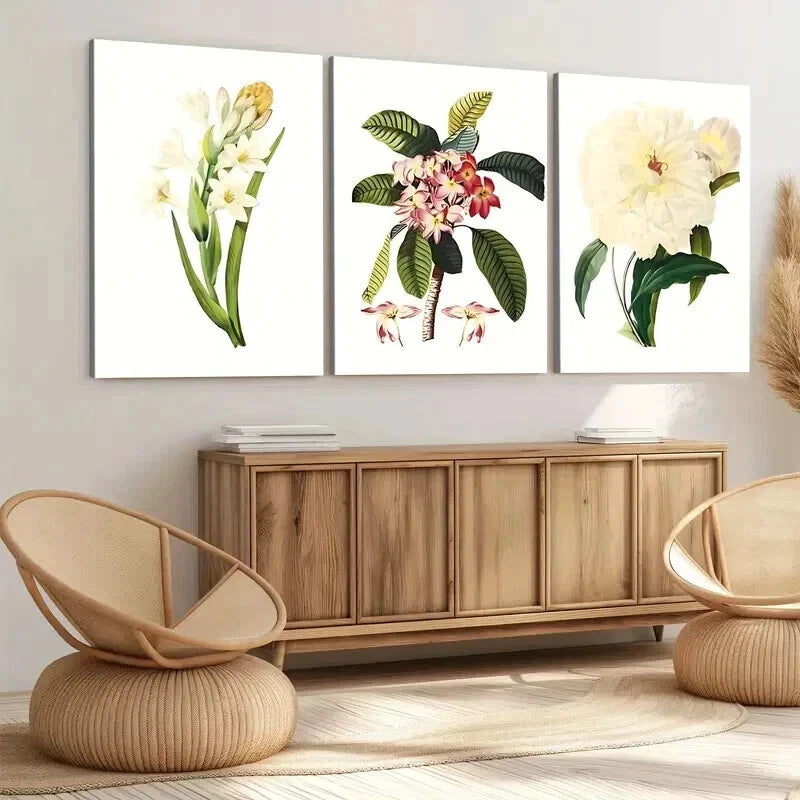 3pcs White Red Florals Green Leaves Rose Yellow Wall Art Set Canvas Framed 40x60cm - High Quality Print 100% Australian Made Wall Canvas Ready to Hang