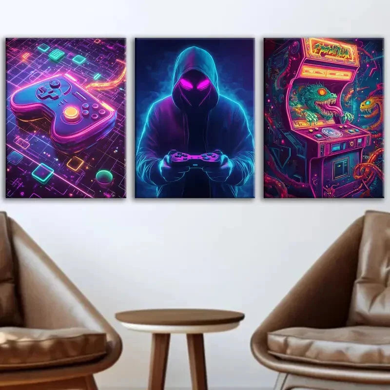 3pcs Fashion Sports Games Neon Style Mouse Game Wall Art Set Canvas Framed 40x60cm - High Quality Print 100% Australian Made Wall Canvas Ready to Hang