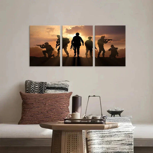 3pcs Military Soldier Silhouette Triptych Metal Print Ready to Hang Art