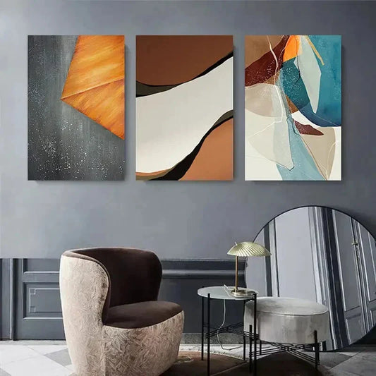3pcs Soft Earth Tones & Bold Shapes, Modern Metal Print Ready to Hang Art