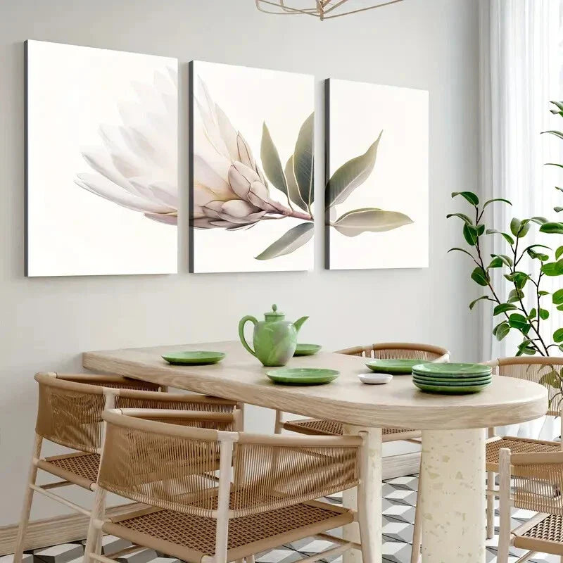 3pcs Single White King Protea Abstract Geometric Wall Art Set Canvas Framed 40x60cm - High Quality Print 100% Australian Made Wall Canvas Ready to Hang
