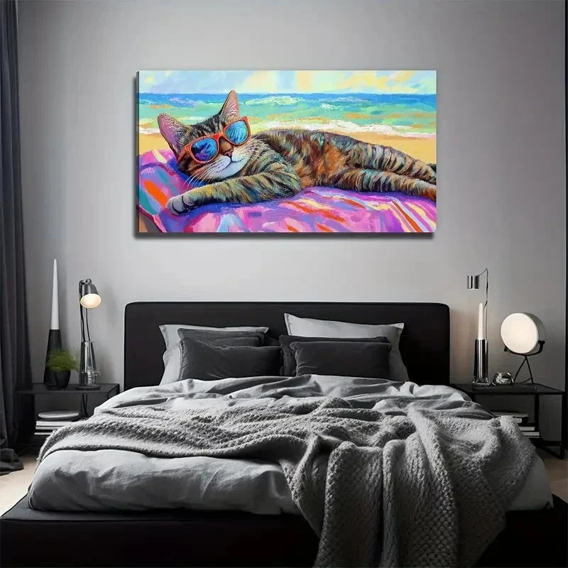 Vibrant Beach Cat Decor Wall Art Canvas Office Home Room Framed 120x60cm